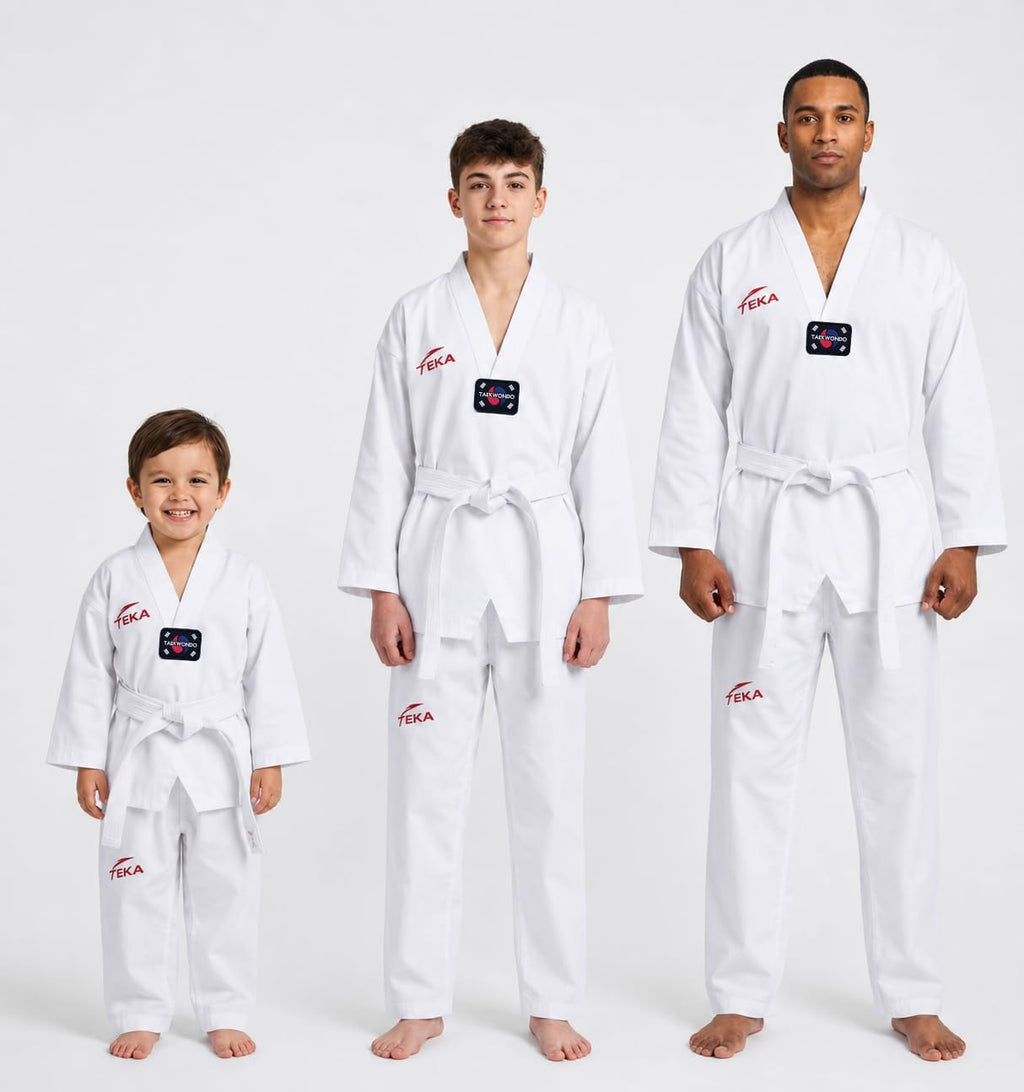 TKD Taekwondo Dobok Gi Kimono with Belt 8 oz Dojo Uniform Sizes 00-6