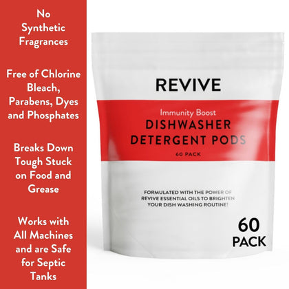 Immunity Boost Washing Dishwasher Detergent Pods 60ct by Revive Essential Oils - Synthetic Fragrance Free, Sparkling