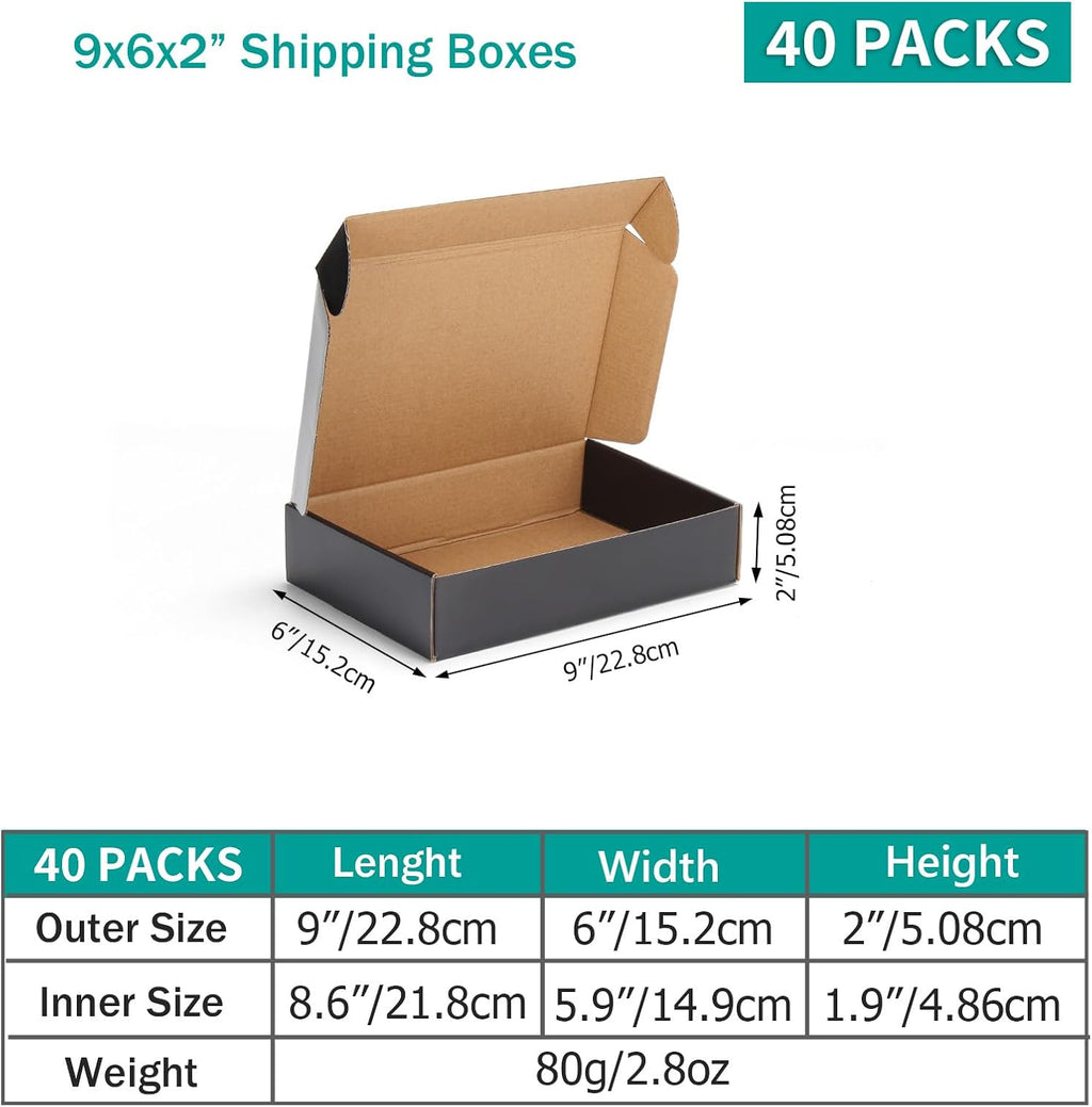 40 Pack 9x6x2 Shipping Boxes for Small Business, Black Packaging Cardboard Boxes, Moving Mailing Packing Box