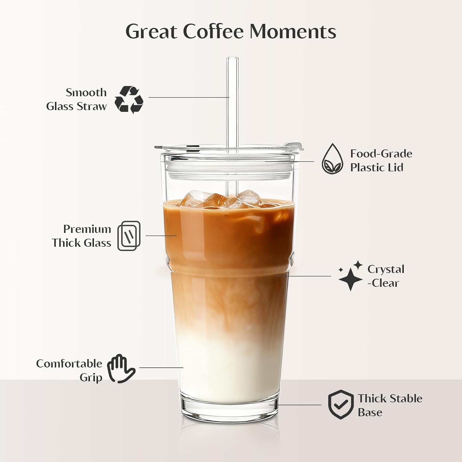 20 oz Clear Glass Cup with Lid and Glass Straw, Set of 2 Thickened Glass Coffee Tumblers, Drinking Glasses with Straw