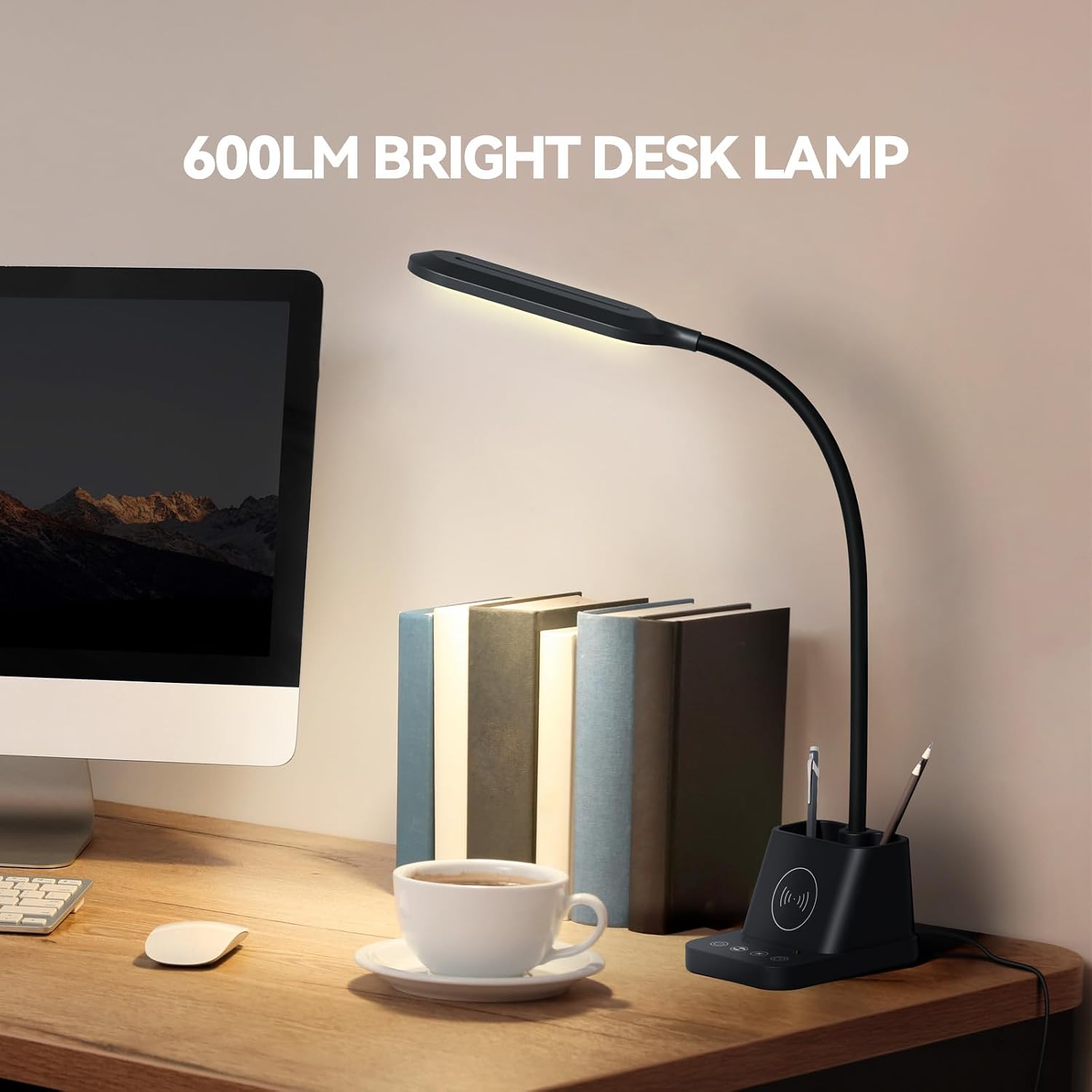 LED Desk Lamp for College Dorm Room with Wireless Charger, Reading Light for Home Office Bedroom, Small, Bright