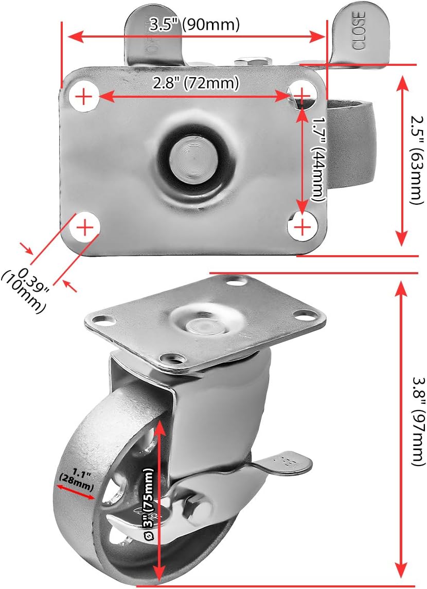 4 All Steel Swivel Plate Caster Wheels w Brake Lock Heavy Duty High-Gauge Steel Gray (3" Combo)