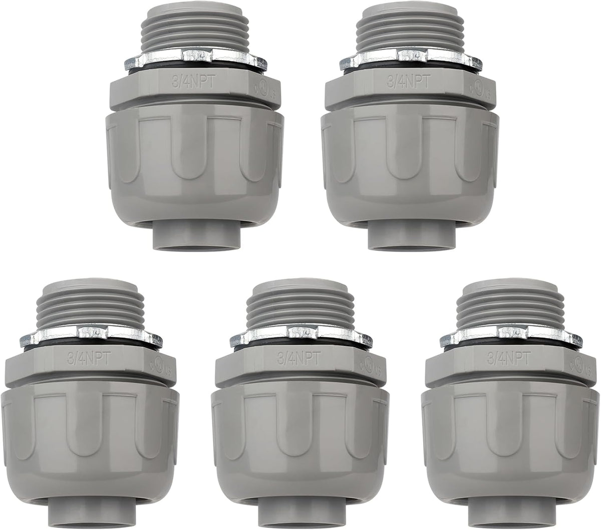 Conduit Connectors, 3/4 Inch, Straight, Grey, 5-Pack | Liquid Tight Connector, NPT, Non-Metallic