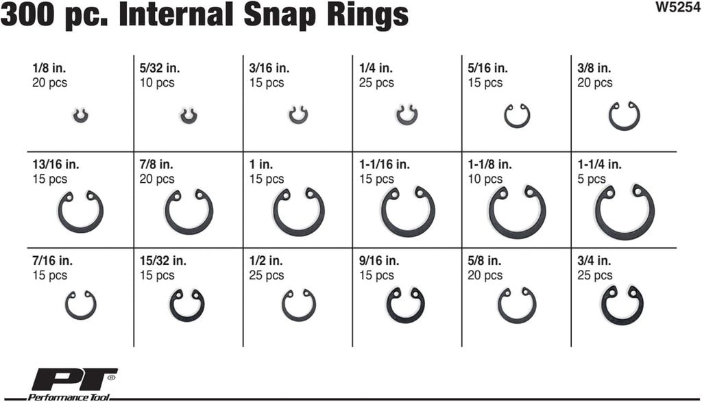 Performance Tool W5254 300-Piece Internal Snap Ring Assortment Kit
