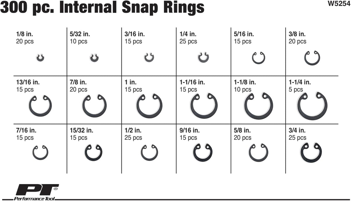 Performance Tool W5254 300-Piece Internal Snap Ring Assortment Kit
