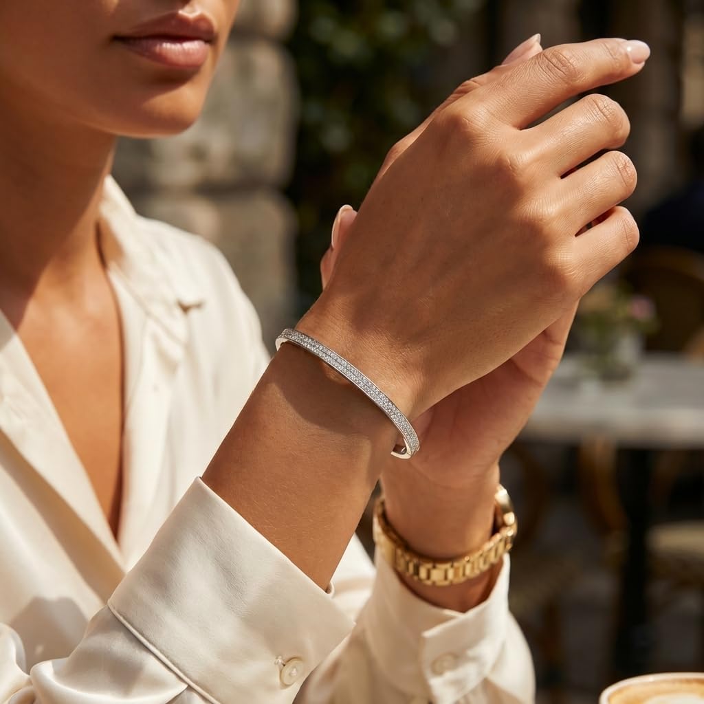 Gold Silver Rhinestone Bangle Bracelets for Women, Adjustable Layered Cuff Bracelet Summer Holiday Jewelry Gift