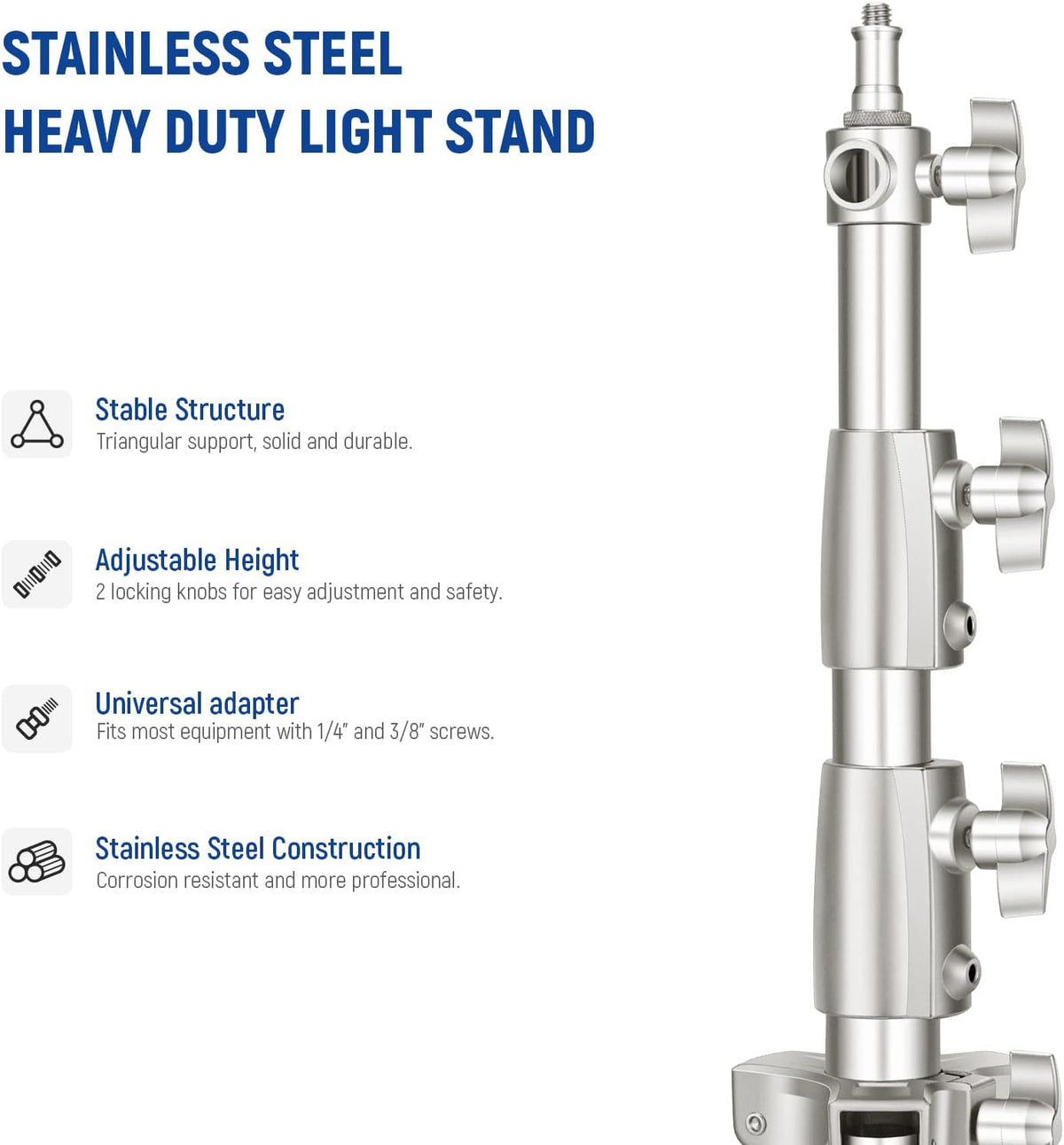 9.2ft/2.8m Stainless Steel Light Stand, Spring Cushioned Heavy Duty Photography Tripod Stand with 1/4” to 3/8”