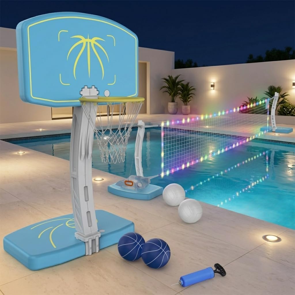 Pool Basketball Hoop and Volleyball Net Combo Set, with Stainless Steel Frame, 8 Lighting Modes, Dual-Mode Summer