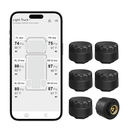 Wireless TPMS System with 6 External Sensors App for iOS Android | RV Tire Pressure Monitoring System, Bluetooth App