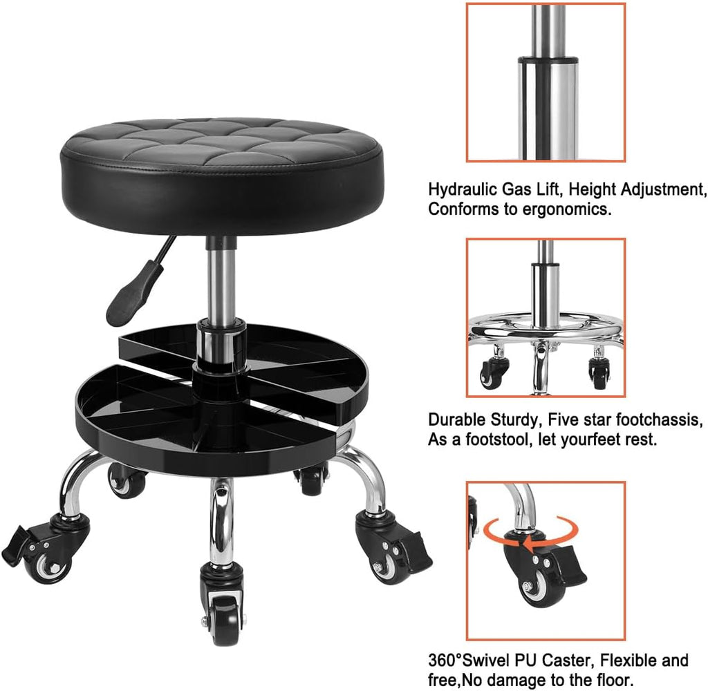 Garage Mechanic Stool Chair Rolling Shop Chair, Height Adjustable Garage Shop Seat, Low Stools with Storage Tray