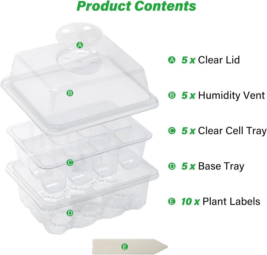 5-Pack Seed Starter Trays, Humidity Dome, Base, 12-Cell Tray, Clear | Adjustable Vents Control Humidity &