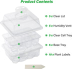 5-Pack Seed Starter Trays, Humidity Dome, Base, 12-Cell Tray, Clear | Adjustable Vents Control Humidity &