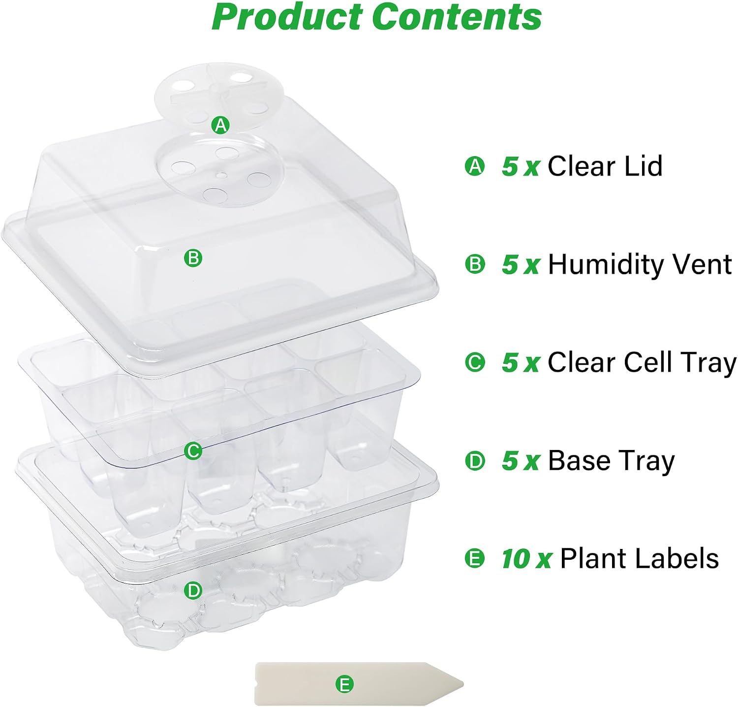 5-Pack Seed Starter Trays, Humidity Dome, Base, 12-Cell Tray, Clear | Adjustable Vents Control Humidity &