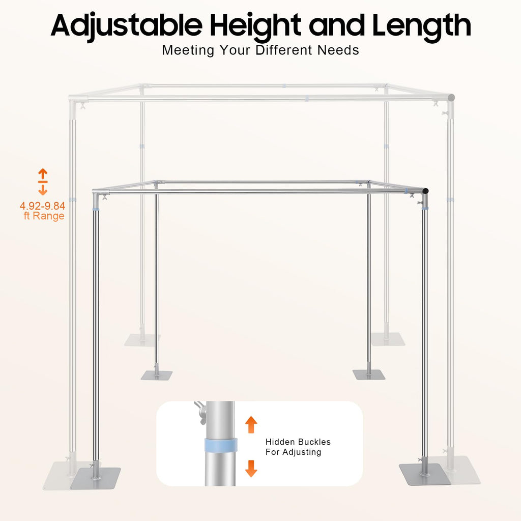 10FT Wedding Backdrop Stand, Adjustable 4-Post Canopy Chuppah Mandop Hardware Kit, Metal Arch Frame for Wedding