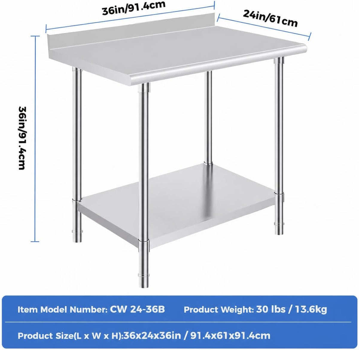 Stainless Steel Prep Table 24 x 36 Inches with Backsplash