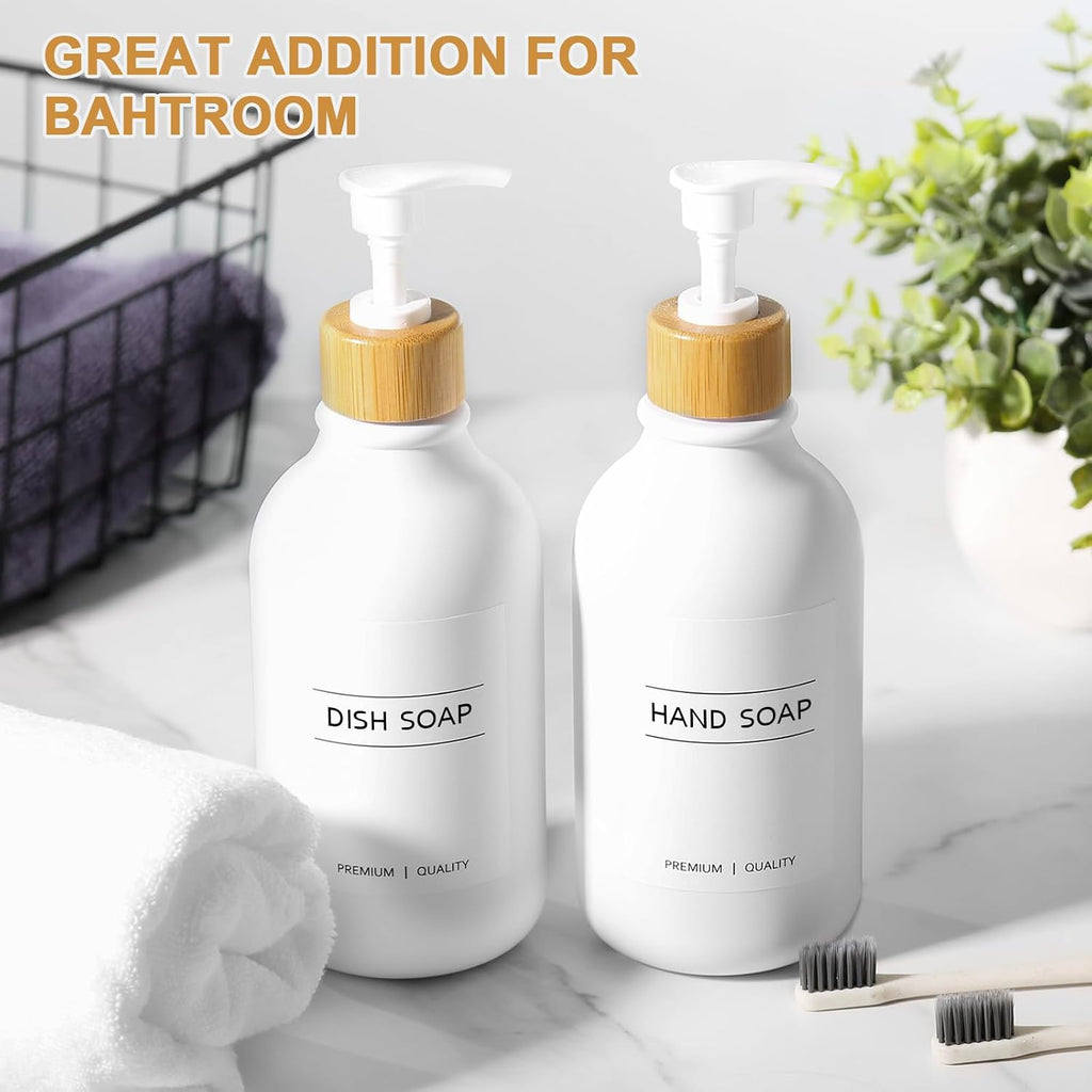 White Soap Dispenser, 2 Pack Plastic Bathroom Hand Soap and Lotion Dispenser Set with Bamboo Pump, 17 Fl Oz Hand and