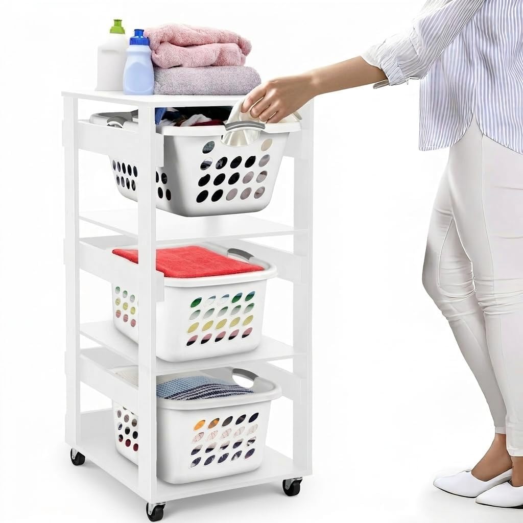Laundry Basket Holder Shelf, Stackable Laundry Sorter, White, 3 Tier