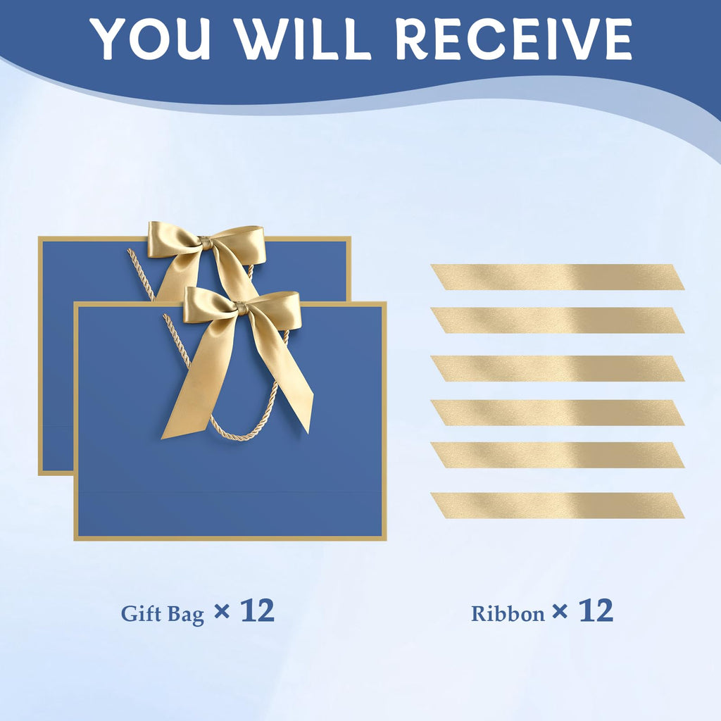 12 Pcs Blue Paper Gift Bags with Ribbon Handle