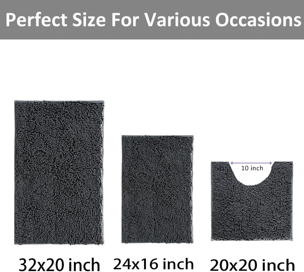 Bathroom Rugs Set Non Slip 3 Piece Bath Mat Washable Chenille Bath Rugs with PVC Backing Bath Carpet,Absorbent