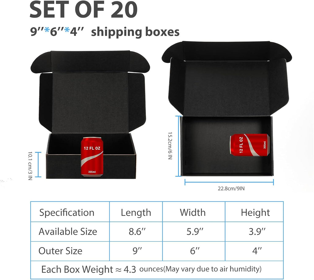 Black Shipping Boxes 9x6x4 Inches, 20 Pack
