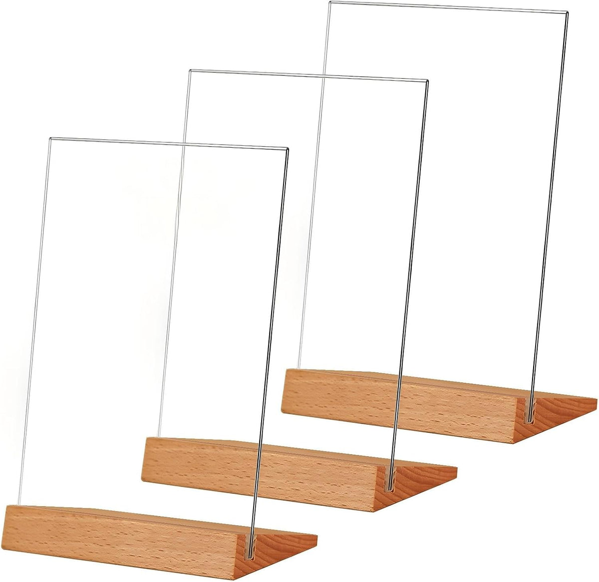 3 Pack 5x7 Acrylic Sign Holder Slant Back Design L Shape Clear Acrylic Frames Wood Base, Table Menu Display Stand