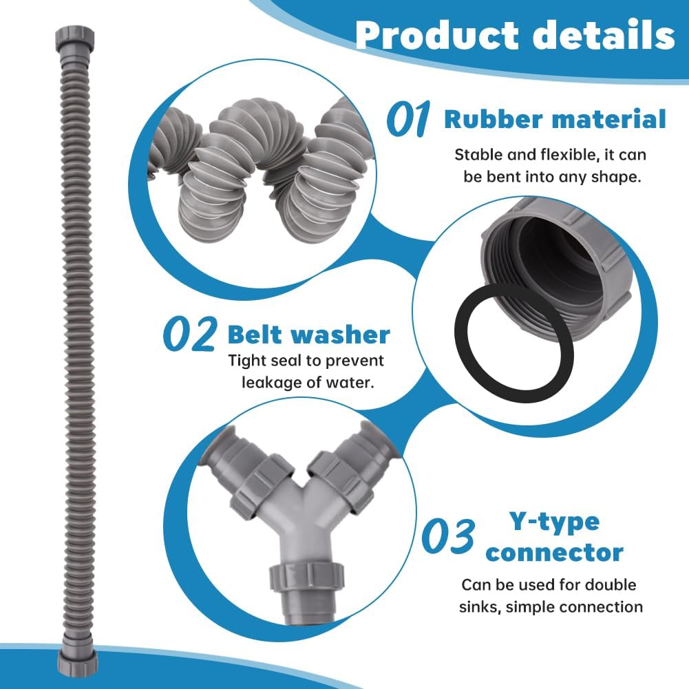 Double Sink Drain Kit, Flexible Sink Drain Pipe 1-1/2 inch Trap Fits Sin-k Bowl Dra-in Expandable All-In-One-Drain
