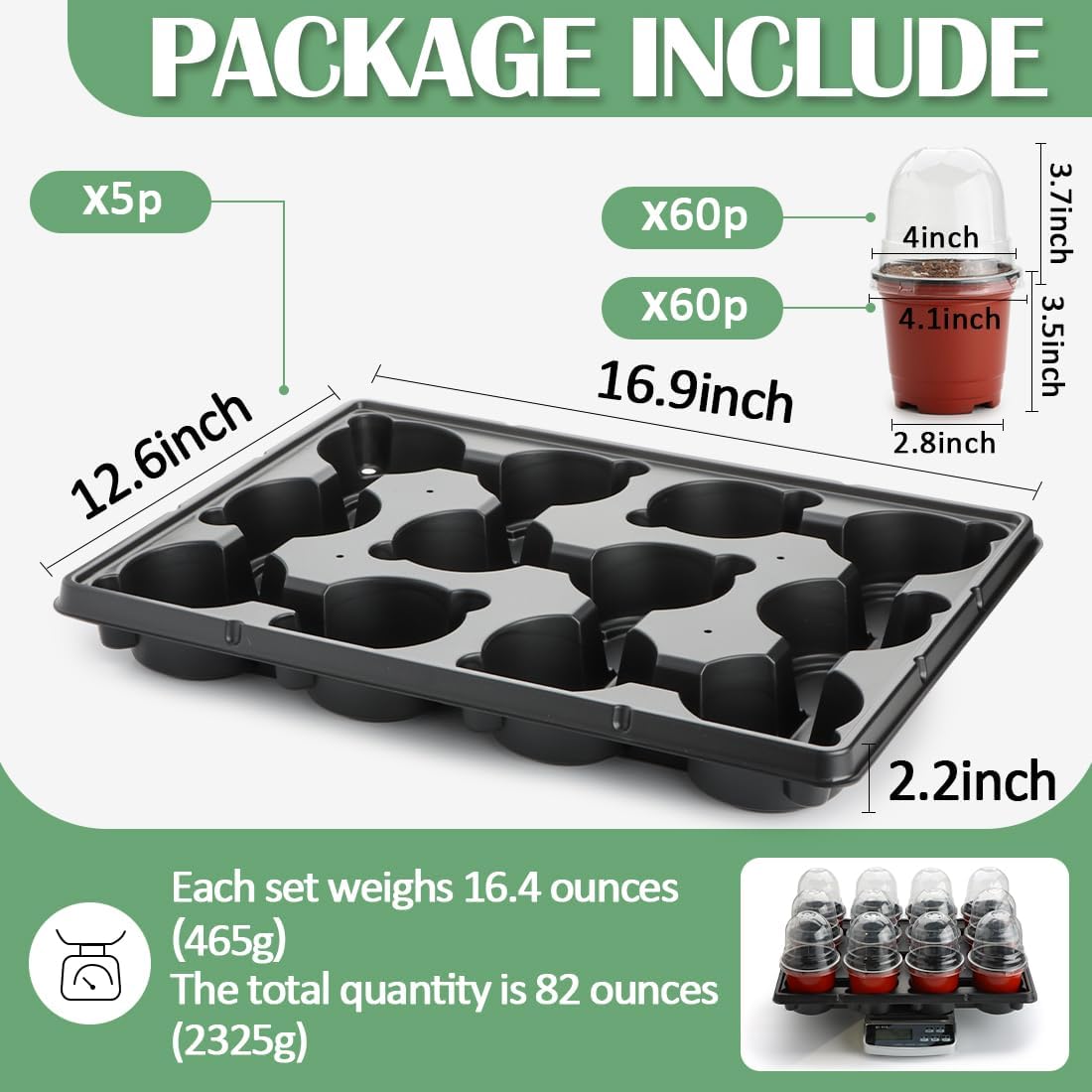 4 Inch 60 Pack Nursery Pots with Humidity Domes & 5 Pack 12 Cell Round Seedling Pot Carrying Trays, Sturdy Seeds