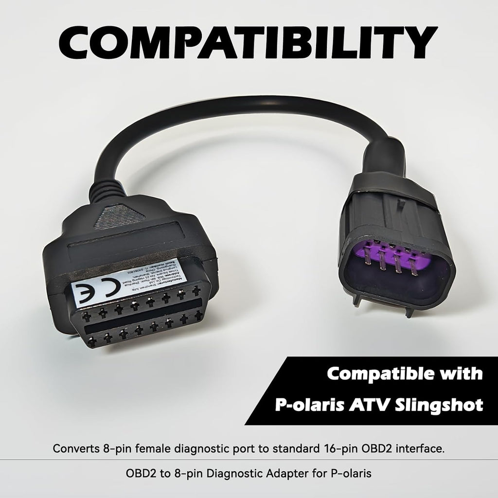 OBDII Motorcycle Adapter Cable - 16 Pin to 8 Pin Polaris Connector for Diagnostic Code Reader Scanner, Fits RZR
