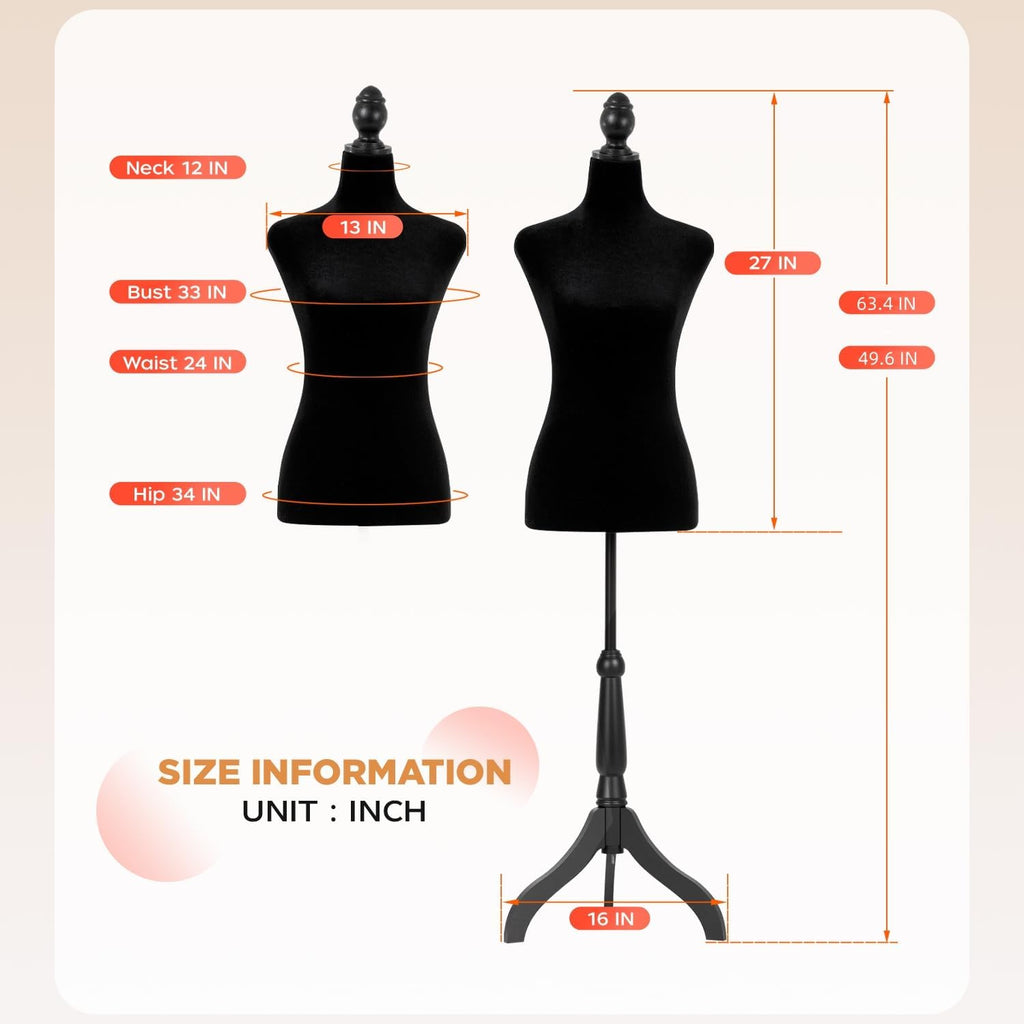 Female Mannequin Torso | Black | Lightweight | with 13.8" Height Adjustment, Dress Form Body with Wooden Tripod Base