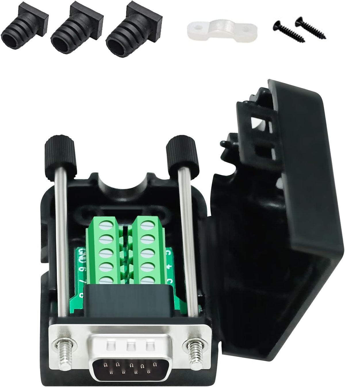 DTech DB9 Breakout Connector, Male RS232 Serial Adapter, Solderless Module Board with Screw Terminals, Case, Long Bolts, Tail Pipes