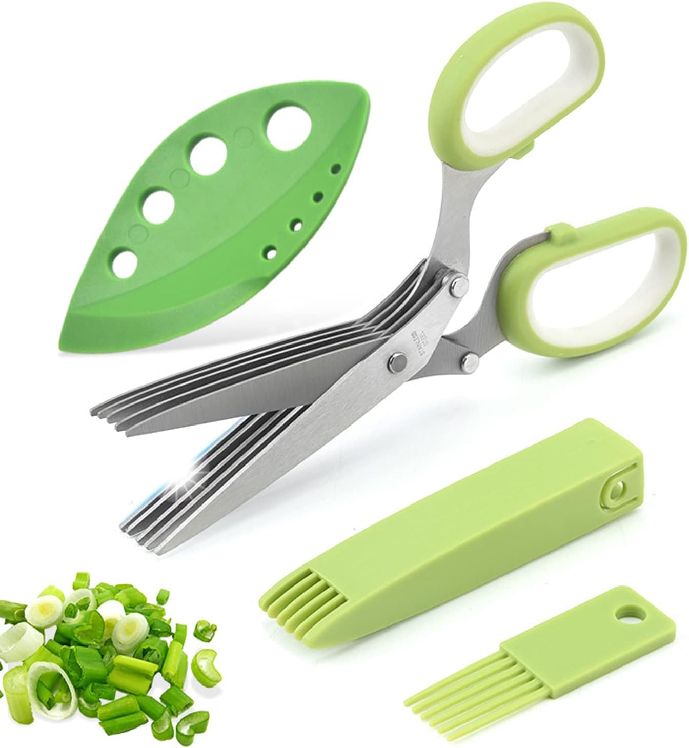 Herb Scissors Set,Multipurpose 5 Blade Kitchen Herb Cutter with Safety Cover and Cleaning Comb for Cutting Shredded