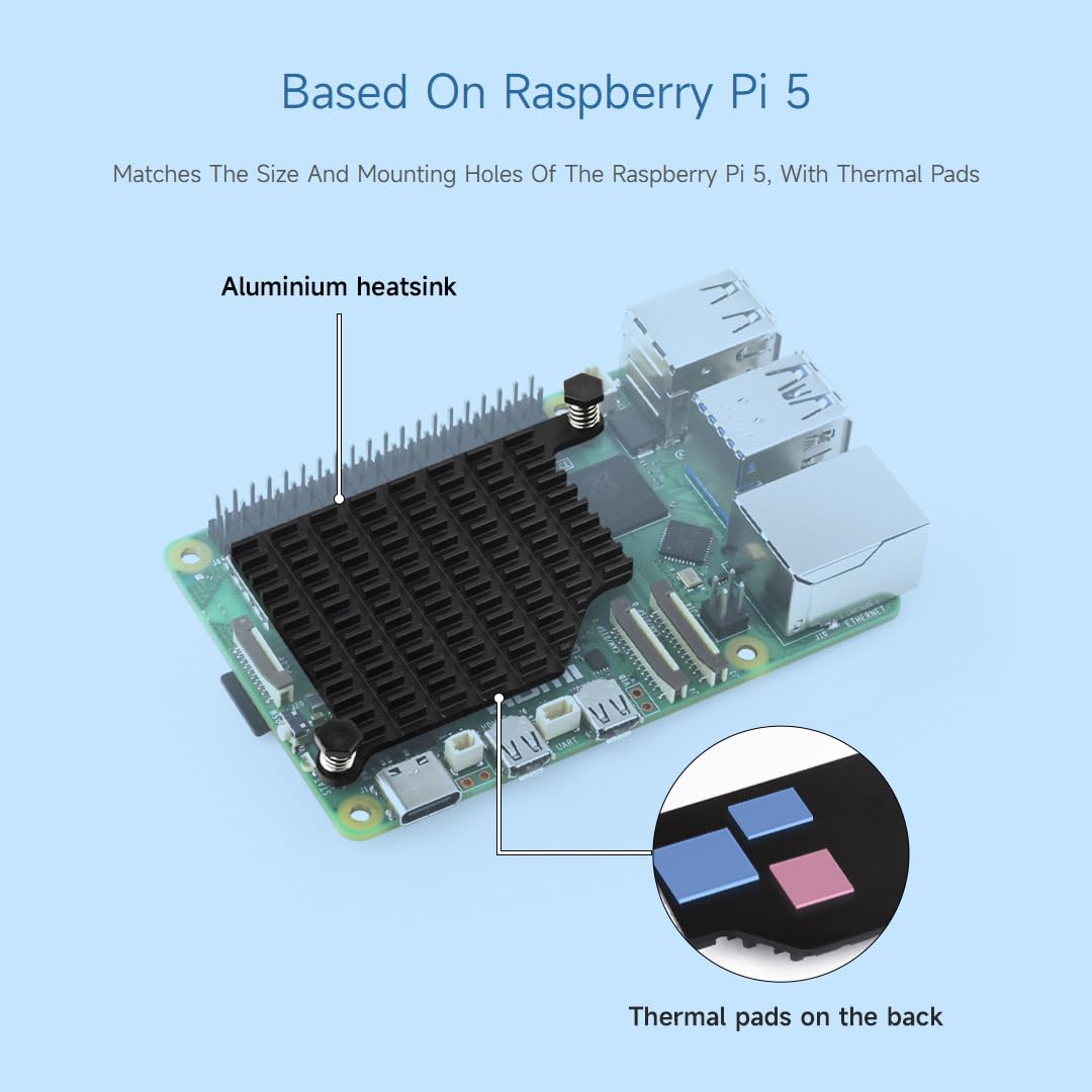 Waveshare Aluminum Heatsink for Raspberry Pi 5, with Thermal Pads and Spring-Loaded Push Pins