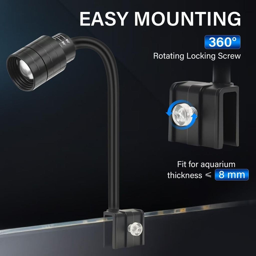 3W Fish Tank Light 3 Color Modes Clip on Aquarium Spotlight with Adjustable Focus Aquarium Focus Light with 10