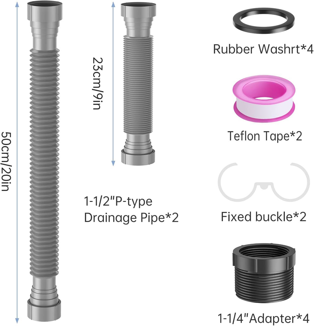 2 Packs Expandable Flexible P-Trap Pipe Kit (1 1/2" or 1 1/4") Single Kitchen Sink Drainage Solution Includes Adapter