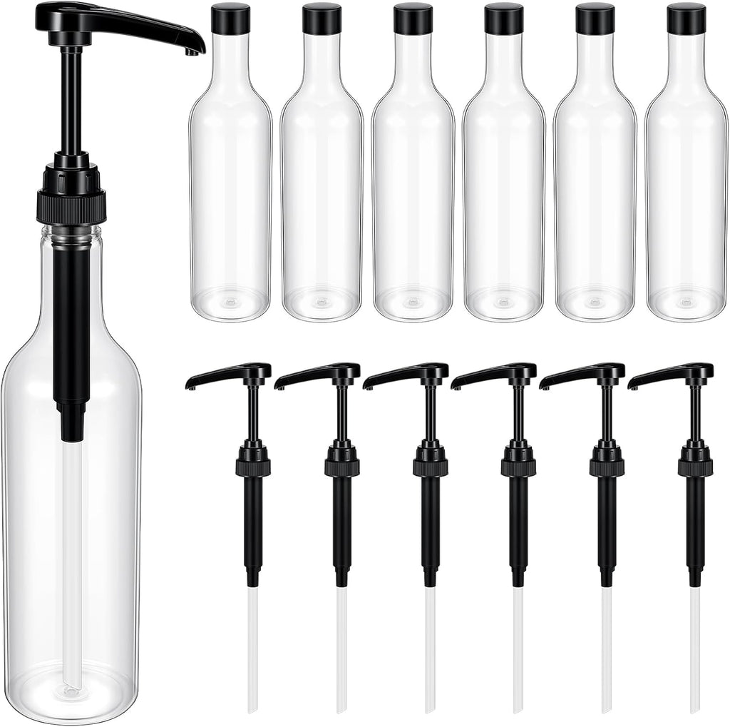 6 Pcs 25 oz Plastic Syrup Bottles with Pump Syrup Dispenser, Black