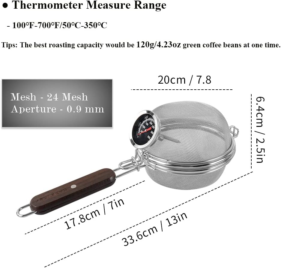 Home Coffee Bean Roaster Tool - CAFEMASY Portable Stainless Steel Handy Coffee Roaster Mesh Pan Tool with Thermometer