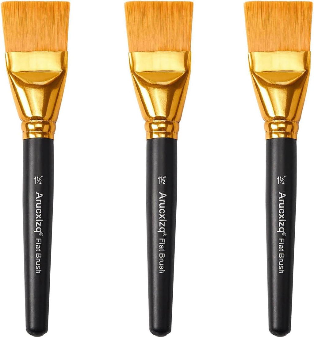 1 1/2 Inch Flat Paint Brushes 3Pcs - Large Acrylic, Oil & Watercolor Paint Brushes with Wooden Handle - Professional