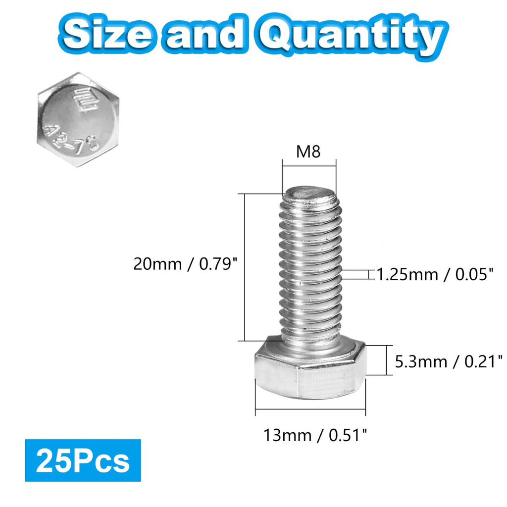 25 Pcs M8 Hex Bolts M8-1.25 x 20mm Hex Head Screw Bolt