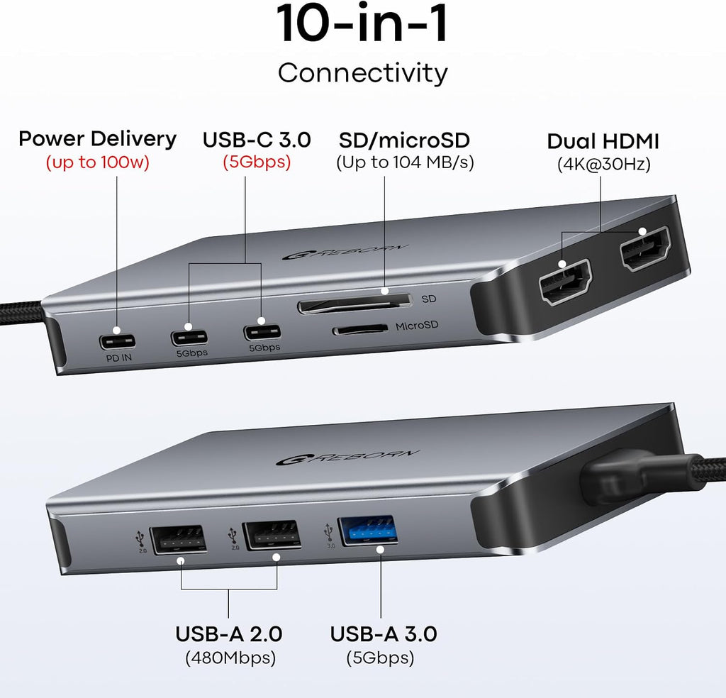10-in-1 USB C Docking Station Dual HDMI 4K, MST Hub Dual Monitor | Laptop Docking Station with 2 HDMI, 100W PD, USB