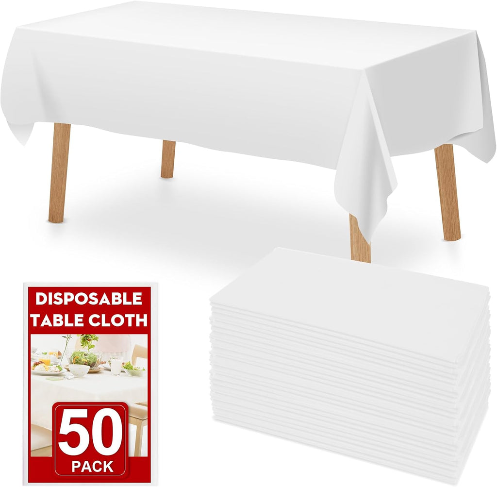 50 Pack White Plastic Tablecloth, Plastic Table Cloths Disposable