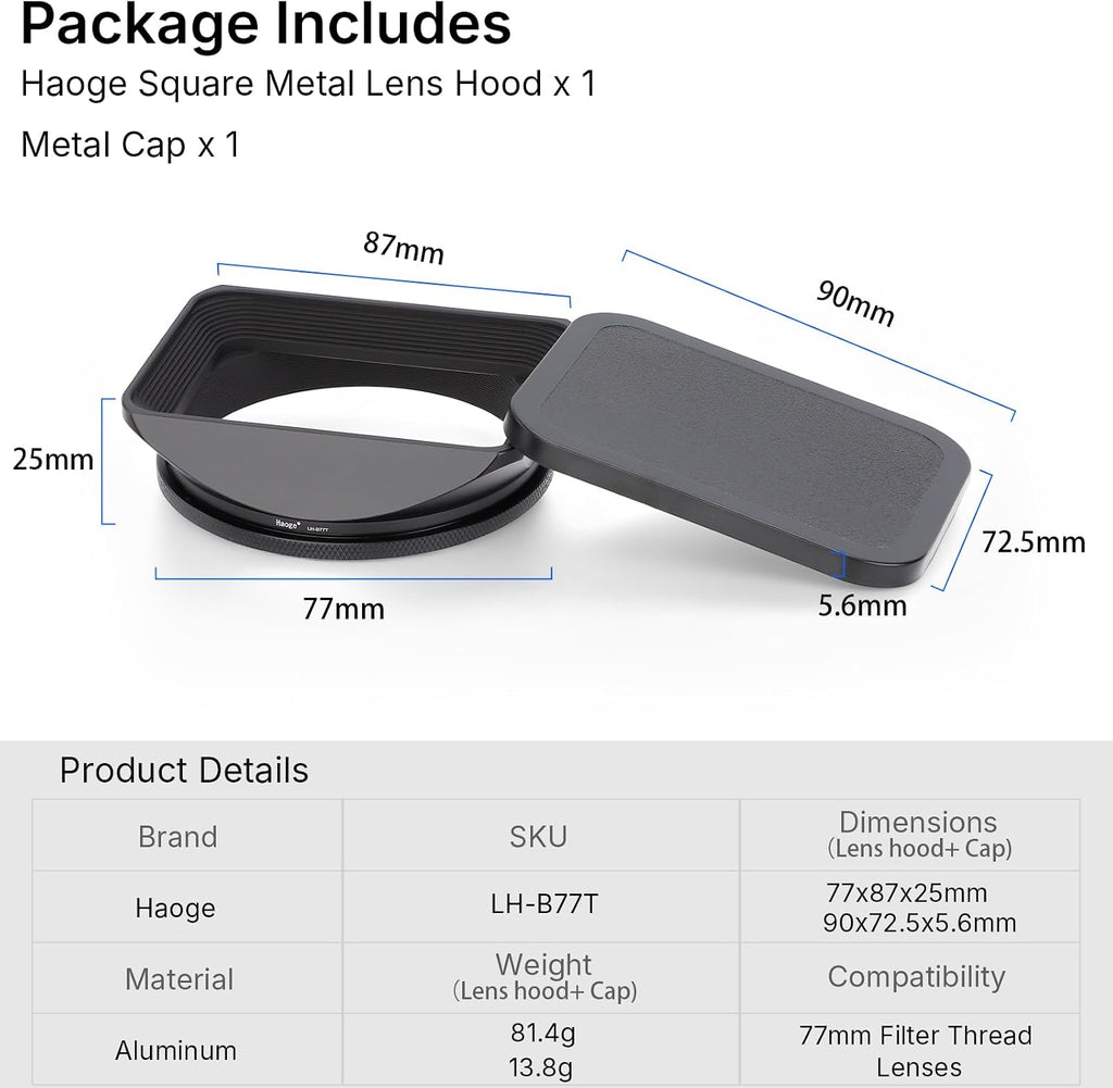 77mm Square Metal Screw-in Mount Lens Hood Shade with Cap for 77mm Canon Nikon Sony Leica Leitz Carl Zeiss