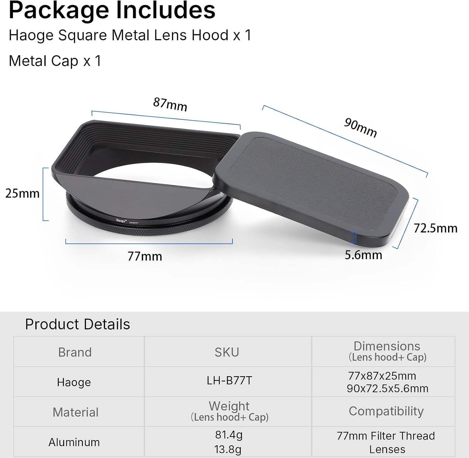 77mm Square Metal Screw-in Mount Lens Hood Shade with Cap for 77mm Canon Nikon Sony Leica Leitz Carl Zeiss