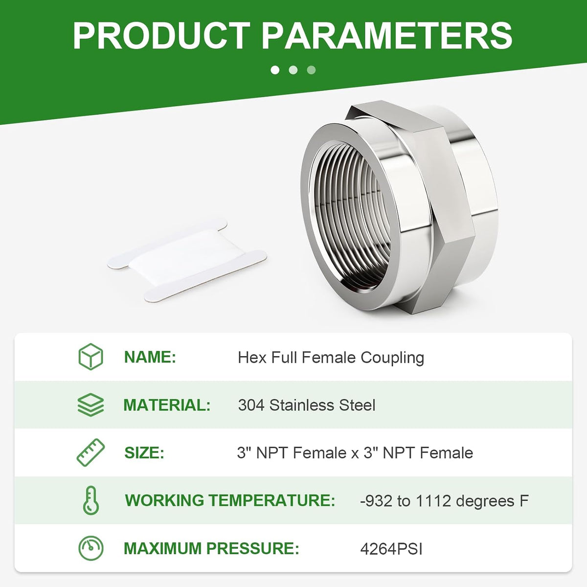 TAISHER 1PCS Forging of 304 SS Hex Coupling,3" NPT Female Pipe Fitting