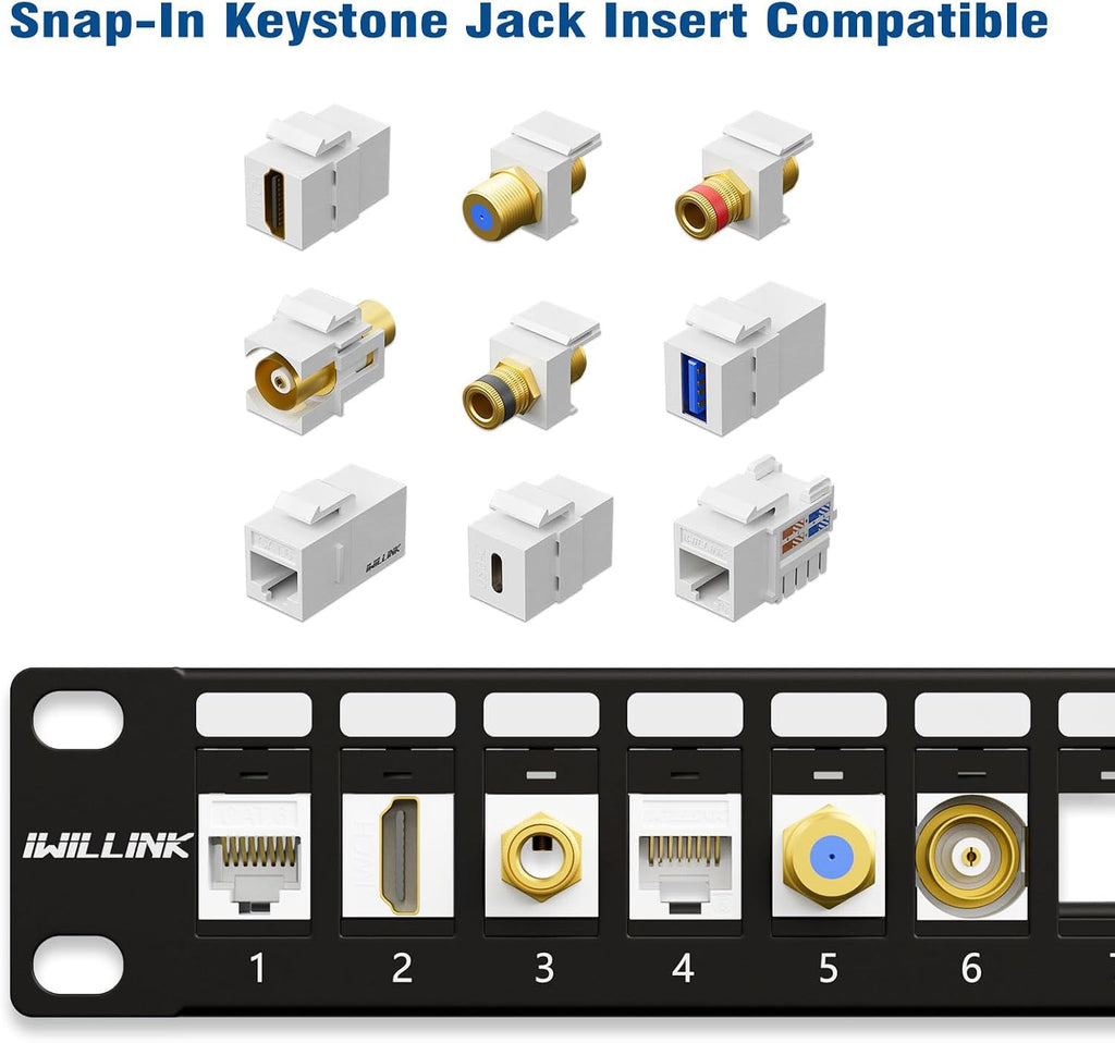iwillink Blank Keystone Patch Panel 24 Port, Network Patch Panel 1U, 2-Pack