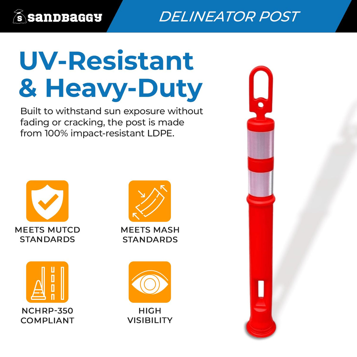 46" Plastic Traffic Delineator Post (Base Not Included) - Reflective Bands (Orange) - Construction Safety - Handle