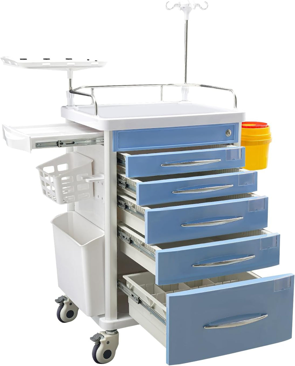 Rolling Crash Cart with Drawers & Adjustable IV Pole, Silent Casters, Needle Disposal Holder, Trash Bin, O2 Holder