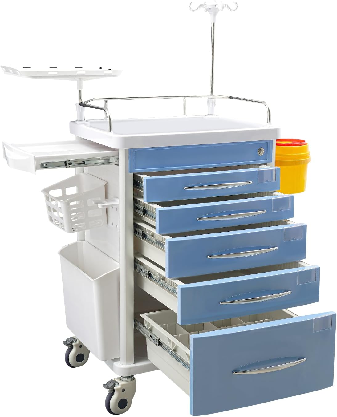 Rolling Crash Cart with Drawers & Adjustable IV Pole, Silent Casters, Needle Disposal Holder, Trash Bin, O2 Holder
