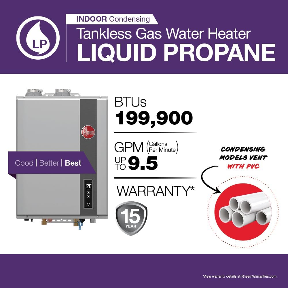 RTGH Series 9.5 GPM Liquid Propane Tankless Water Heater Indoor | 199,900 BTUs Super High Efficiency On Demand