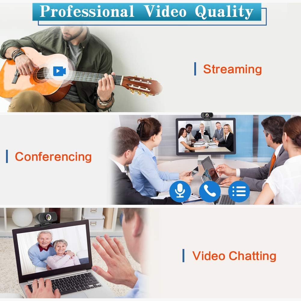 1080P Webcam with Microphone, HD Web Camera with Tripod Stand, Auto Light Correction, Privacy Cover, 110° FOV