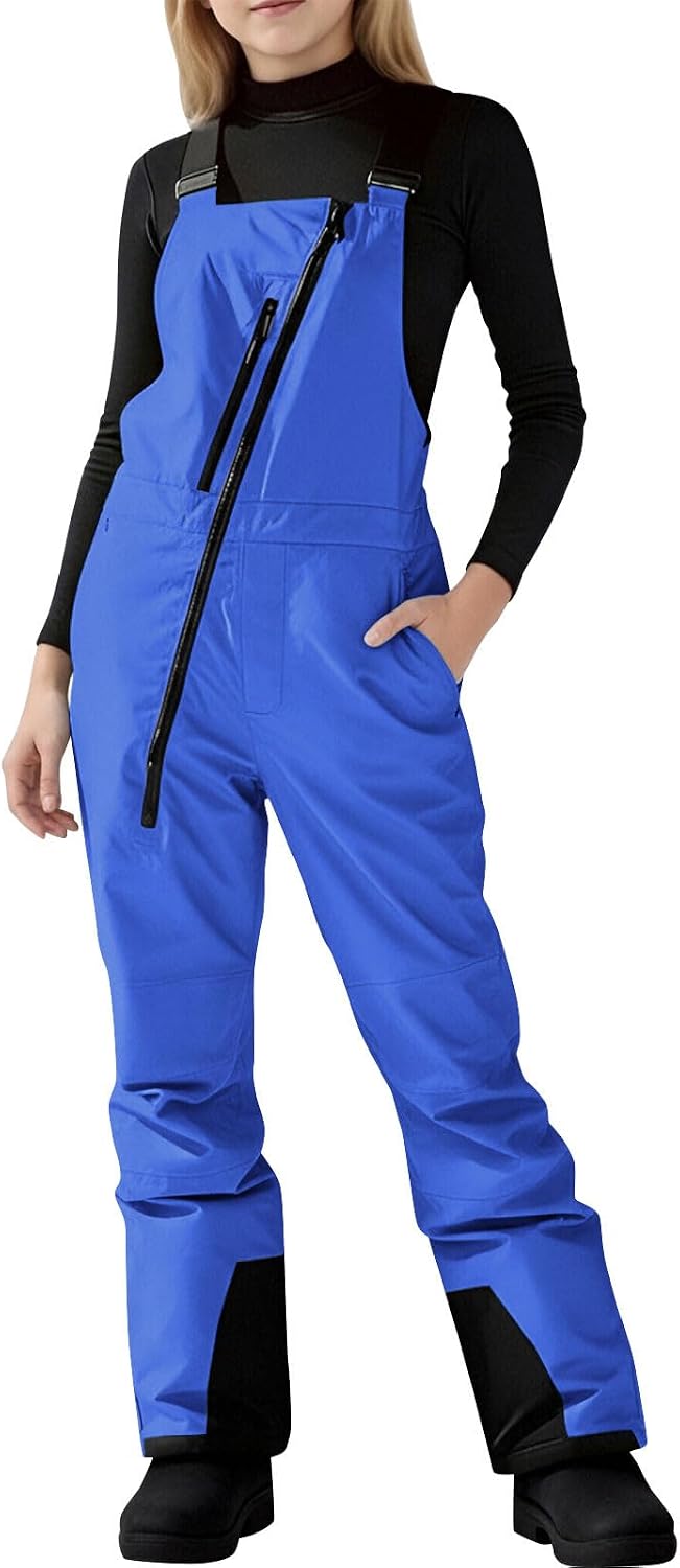Snow Bibs Kids Waterproof Insulated Ski Bibs Girls Boys Snowboarding Overalls Athletic Snow Pants with Multi Pockets